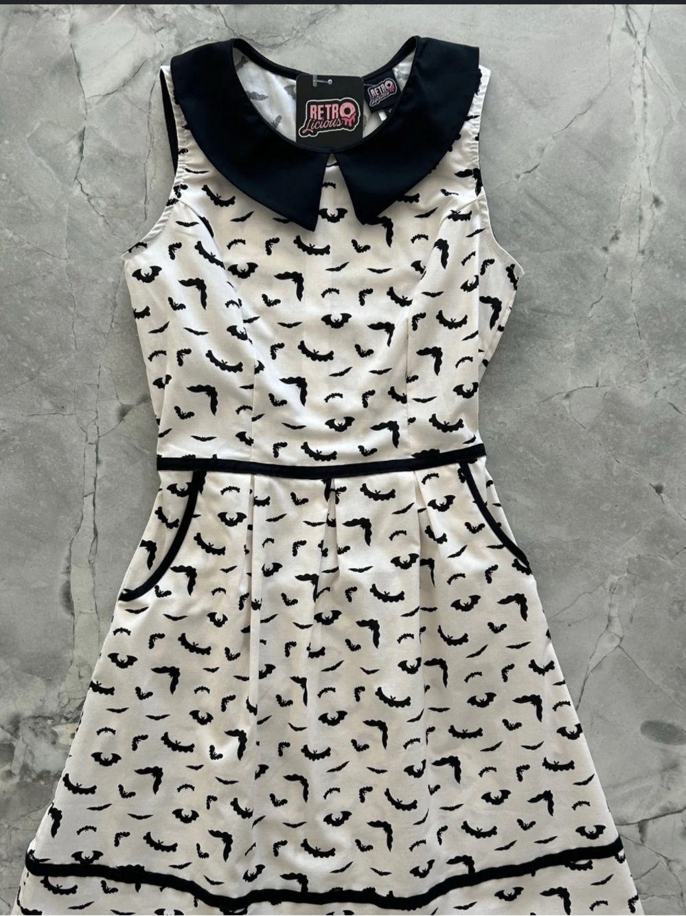 Retrolicious Black & White Bat Print Dress with Peter Pan Collar